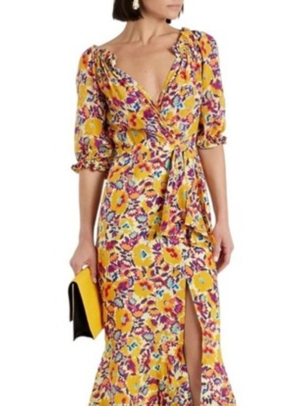 Saloni Olivia Yellow‎ Floral Silk Midi Wrap Dress NWT Size 2 US 6 UK